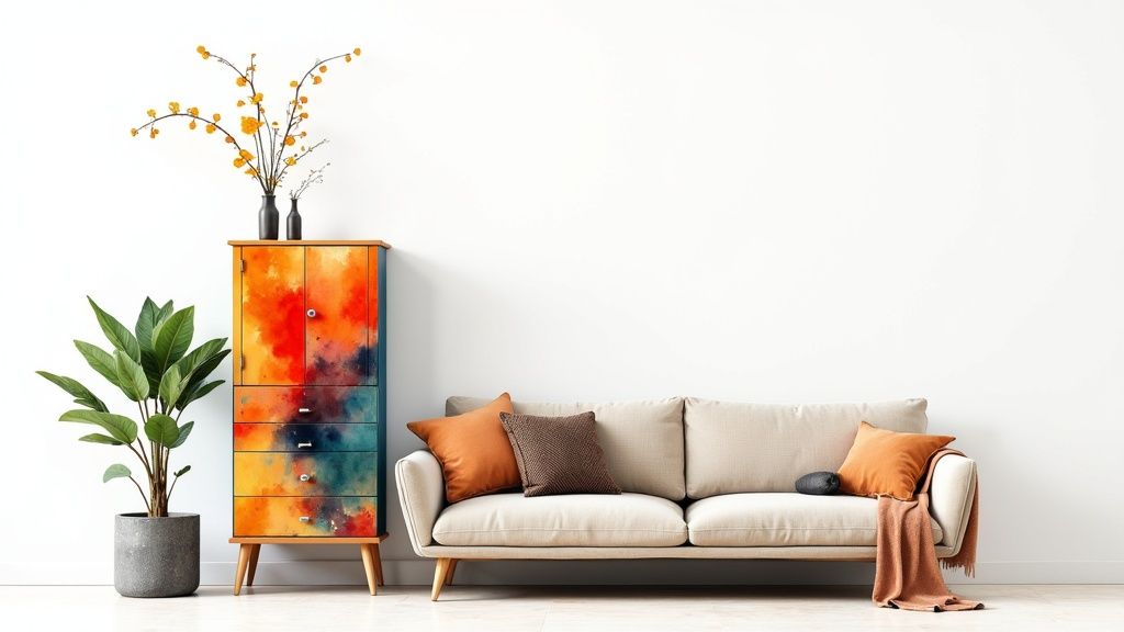 A beautifully hand painted jewelry armoire styled as a statement piece in a living room.