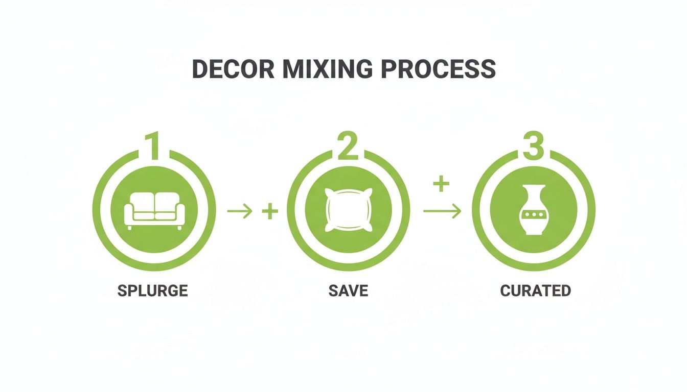Infographic showing a decor mixing process with three steps: splurge (couch), save (pillow), and curated (vase).