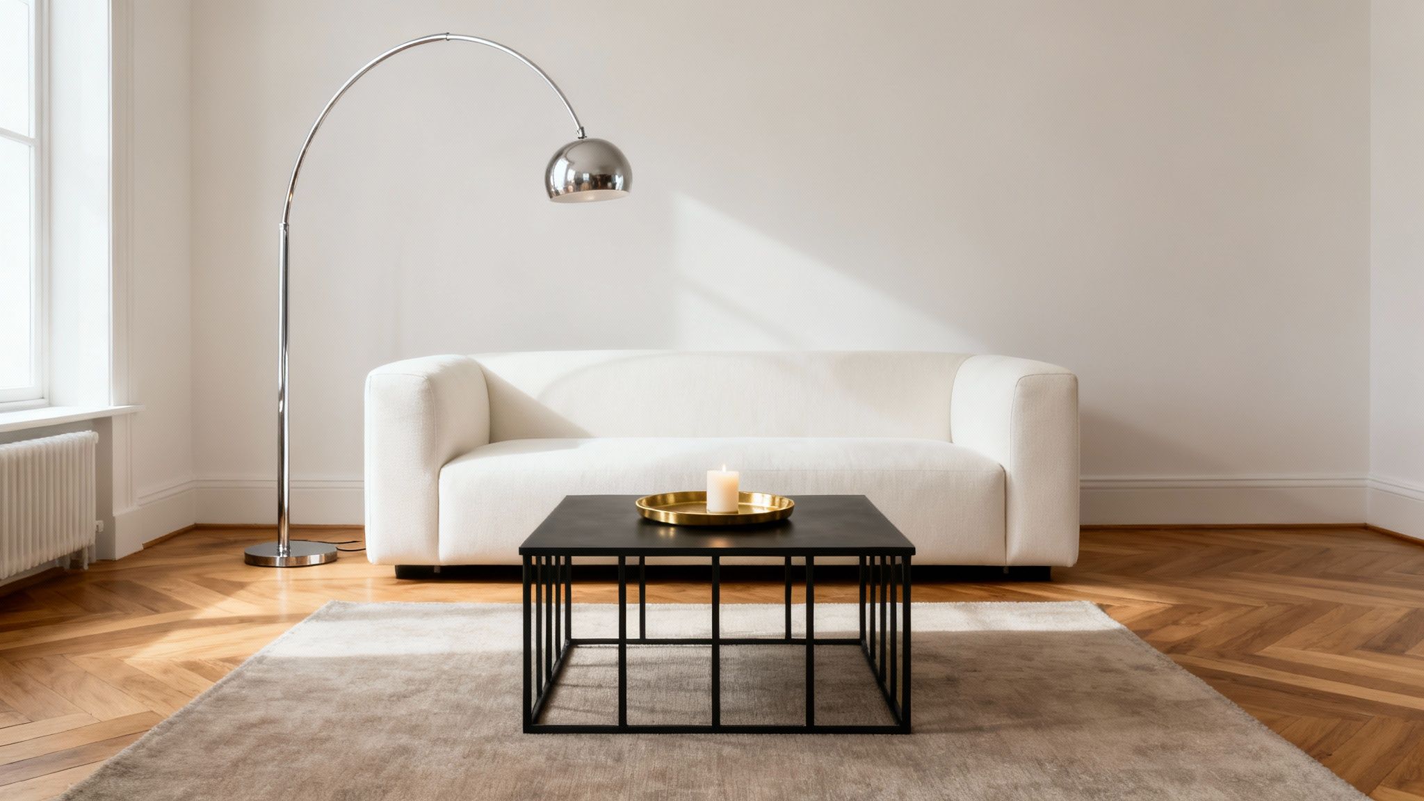 A chic living room showcasing a white sofa, black coffee table with a gold tray, and a silver arc lamp.