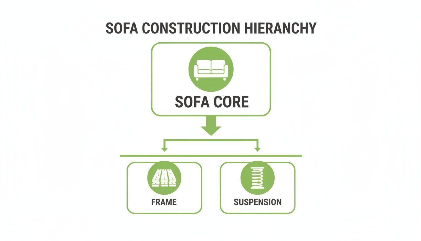A hierarchical diagram illustrating sofa construction, showing sofa core, frame, and suspension components.