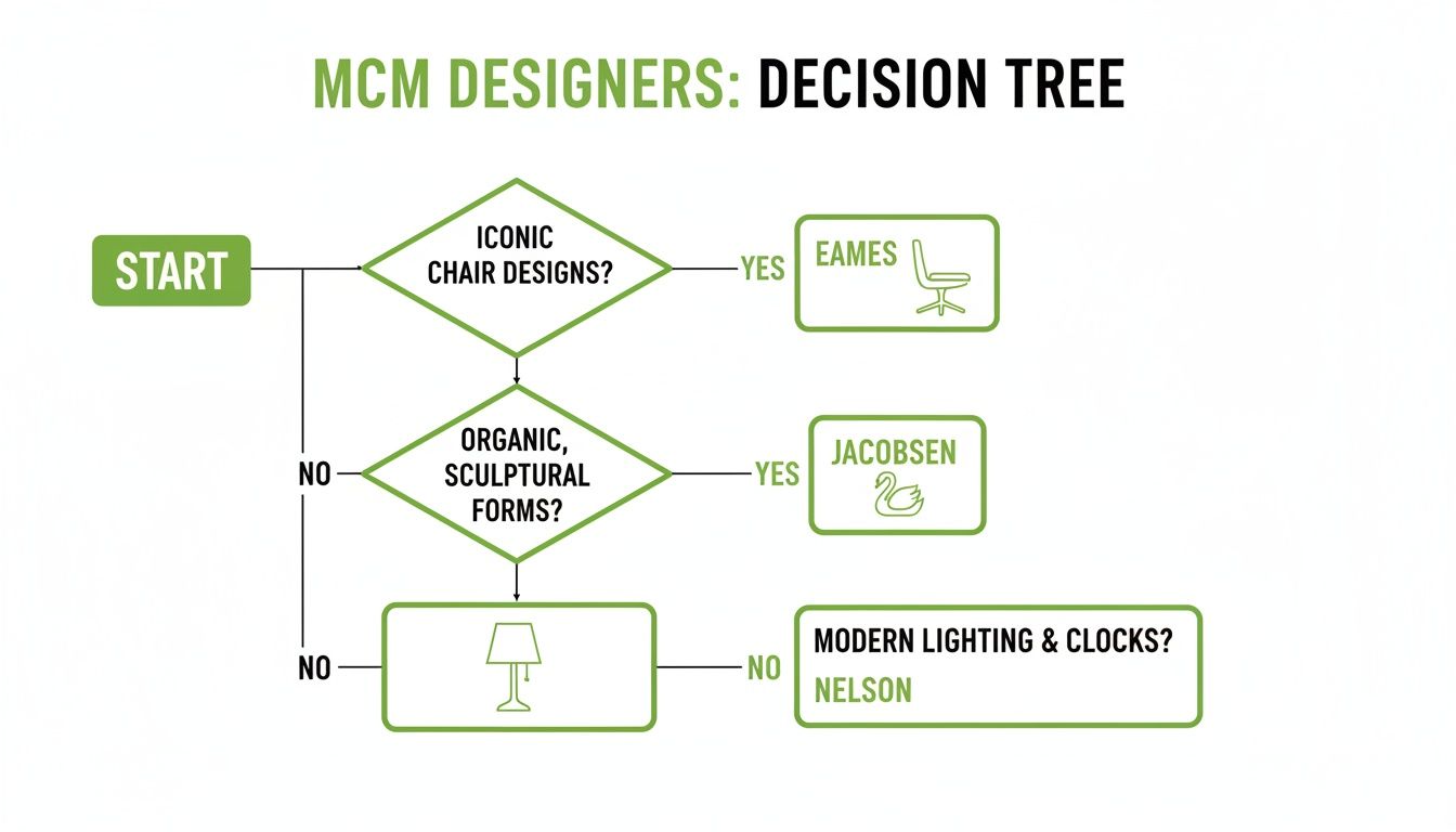 A visual decisionβtree chart that identifies key MidβCentury Modern designers through their signature forms, iconic chair silhouettes, and modern lighting innovations.