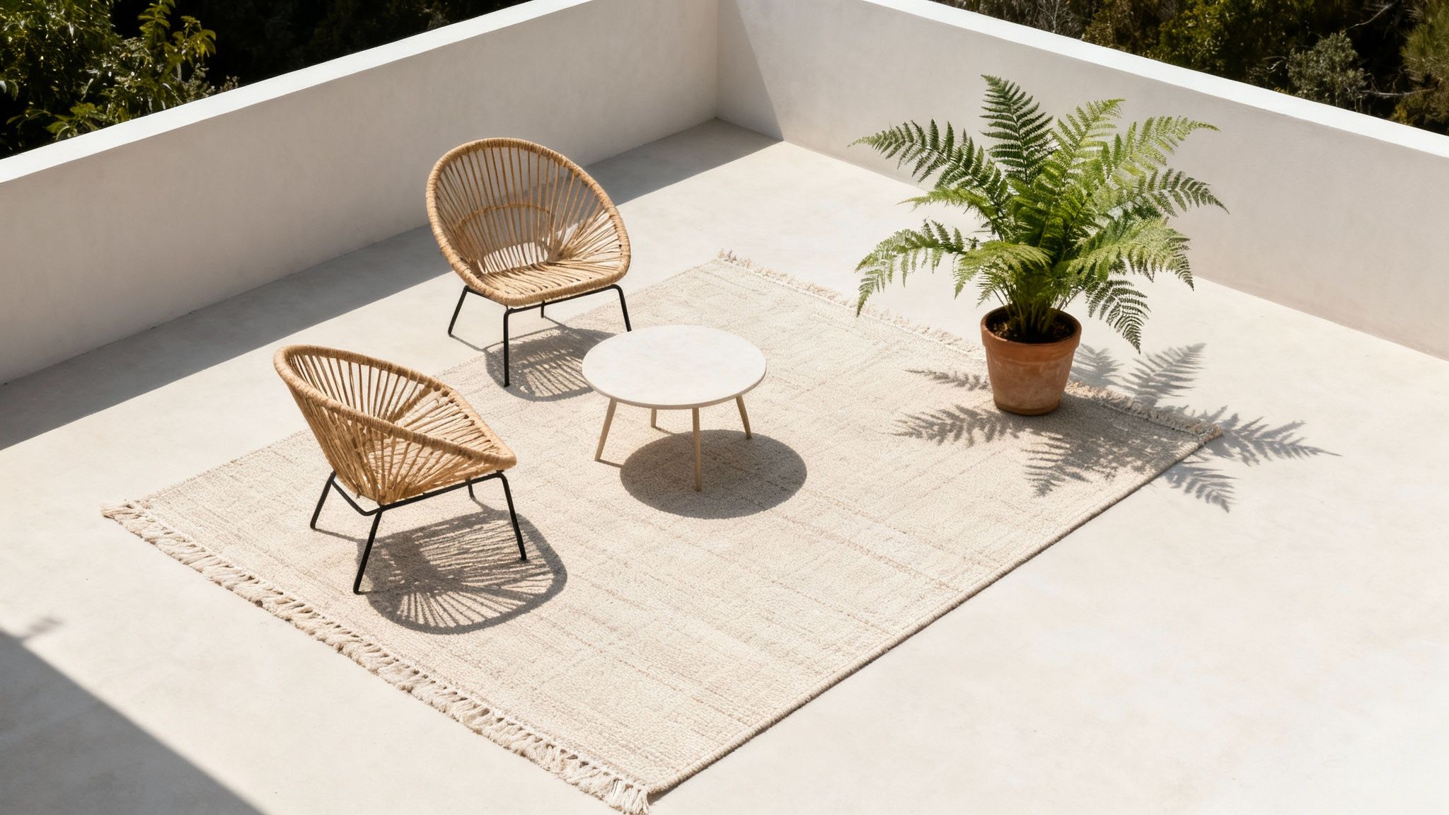 Woman arranging furniture on a patio with a stylish indoor-outdoor rug.