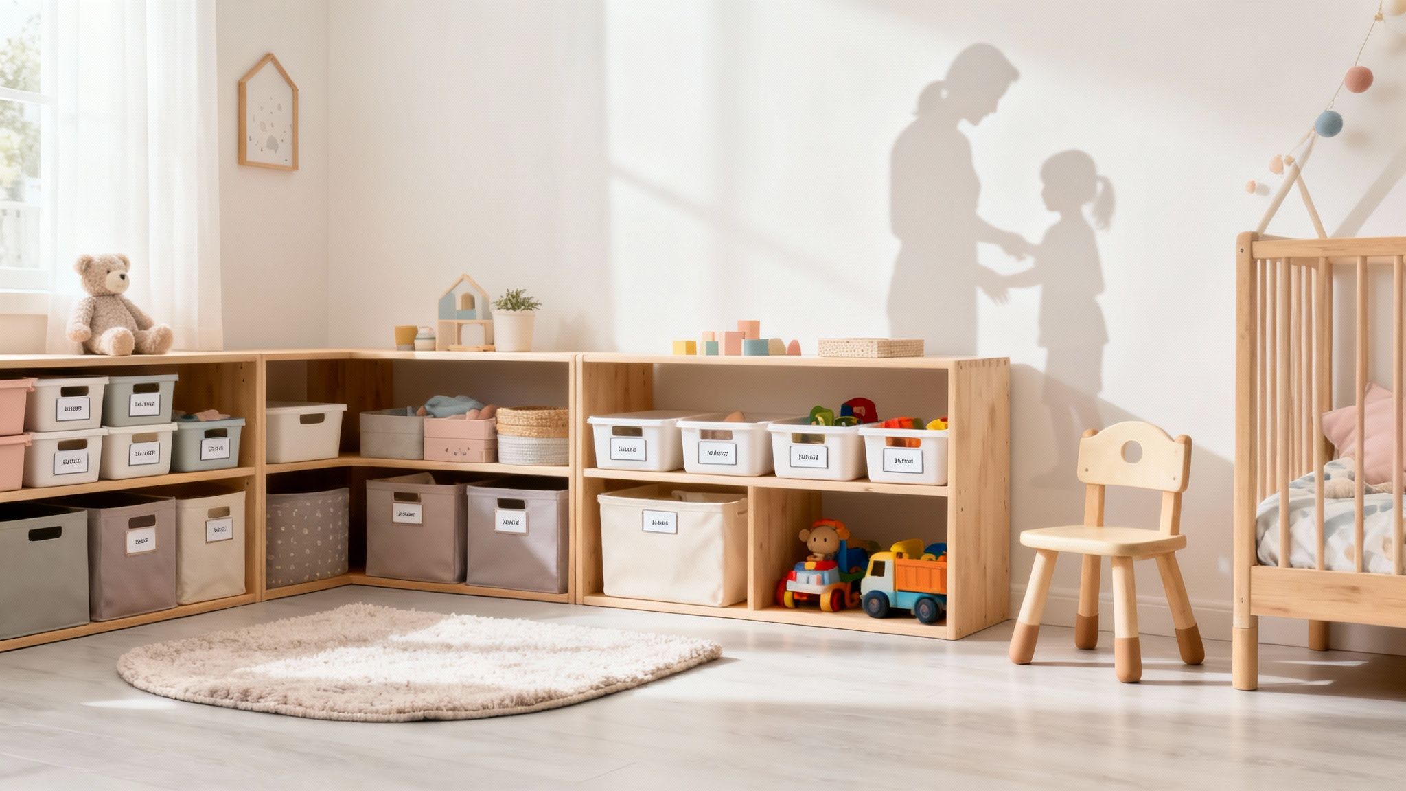 A bright kids' bedroom with wooden storage shelves, labeled bins, toys, a crib, and a small chair.