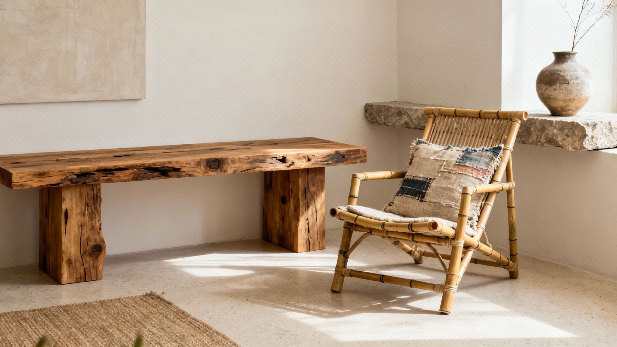 A rustic wooden bench, bamboo chair with patched cushion, and a vase in a sunlit interior.