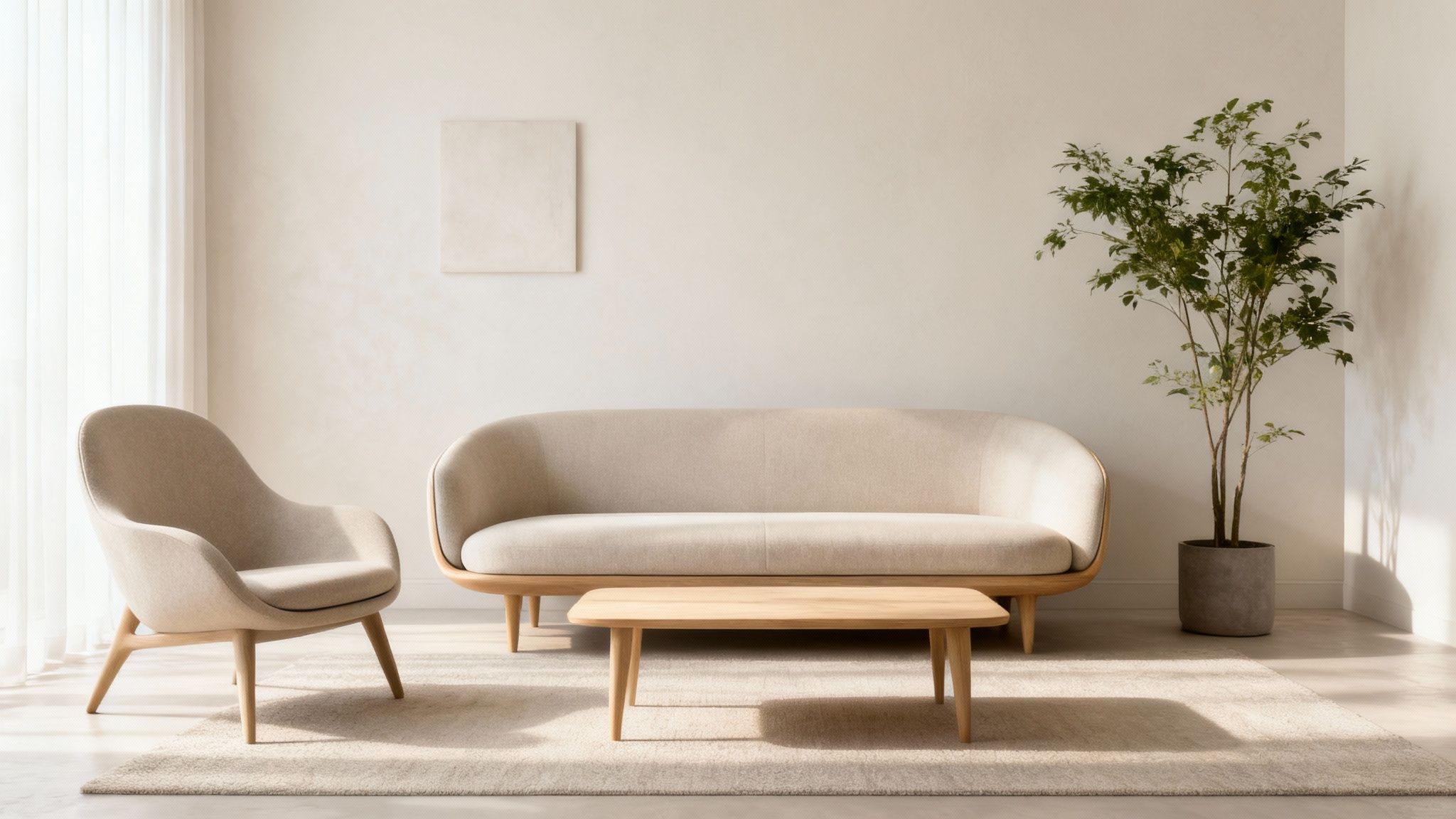 A bright, minimalist living room featuring a beige sofa, matching armchair, coffee table, and a green plant.