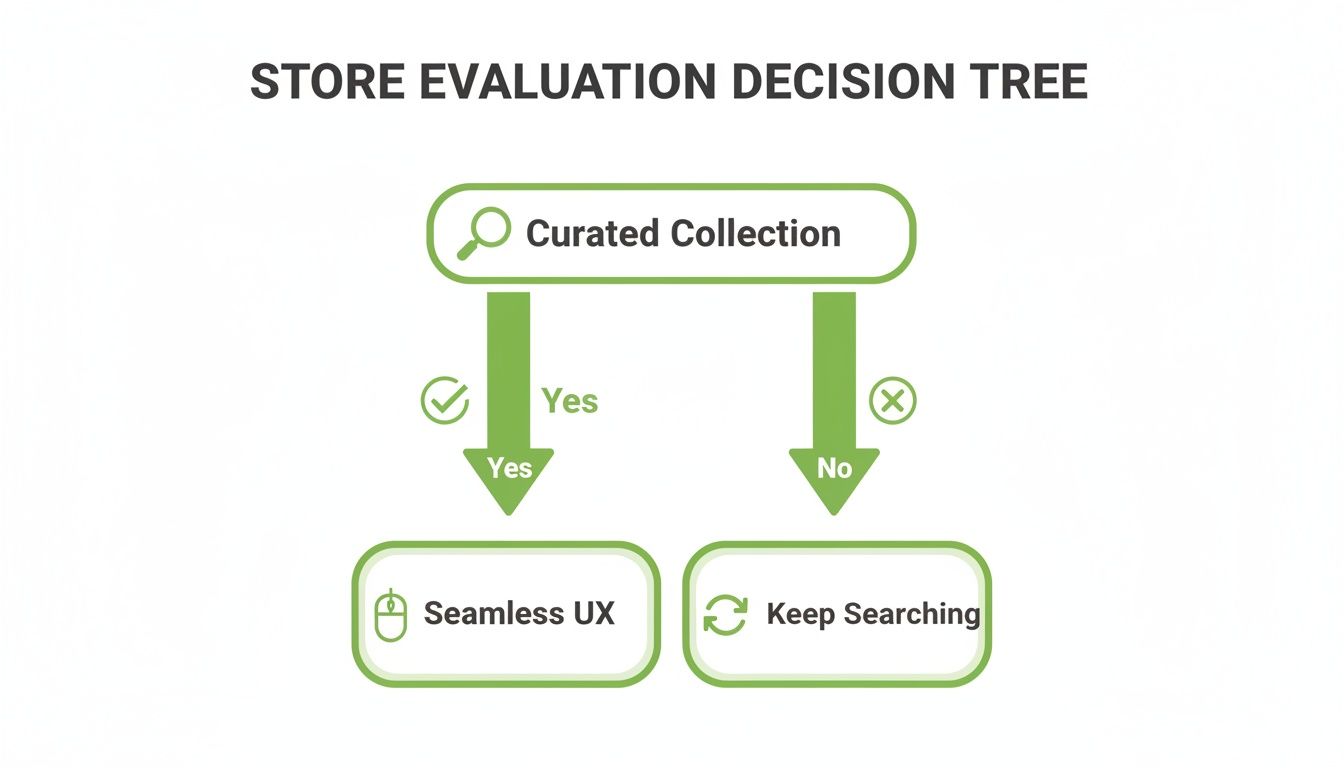 A store evaluation decision tree diagram guiding decisions based on curated collection and user experience.