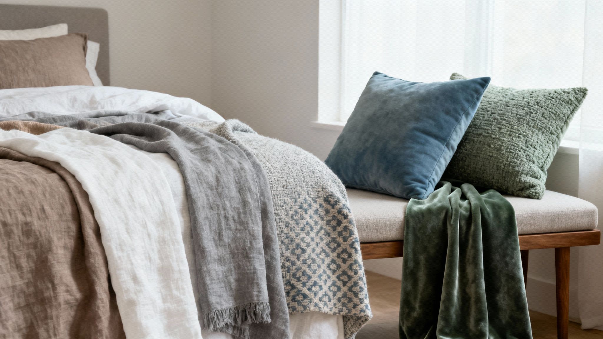A cozy transitional bedroom featuring layered bedding in neutral tones, decorative pillows, and a green velvet throw on a bench.