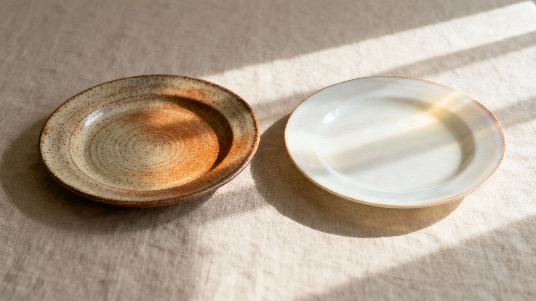 Two plates, one rustic speckled ceramic and one smooth white, sit on a sunlit linen surface.