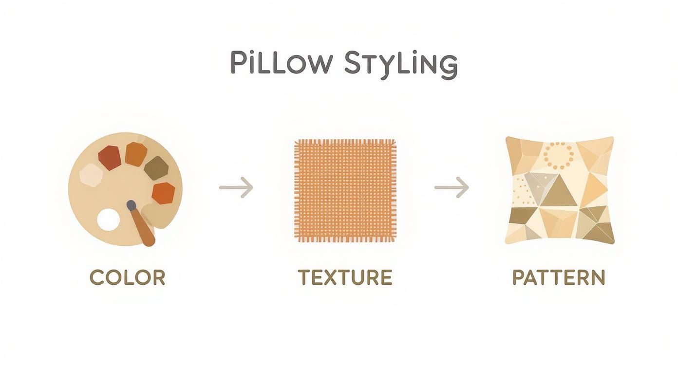 An infographic illustrating the styling process for throw pillows, starting with a paint palette icon for color, followed by a fabric swatch icon for texture, and ending with a geometric shapes icon for pattern.