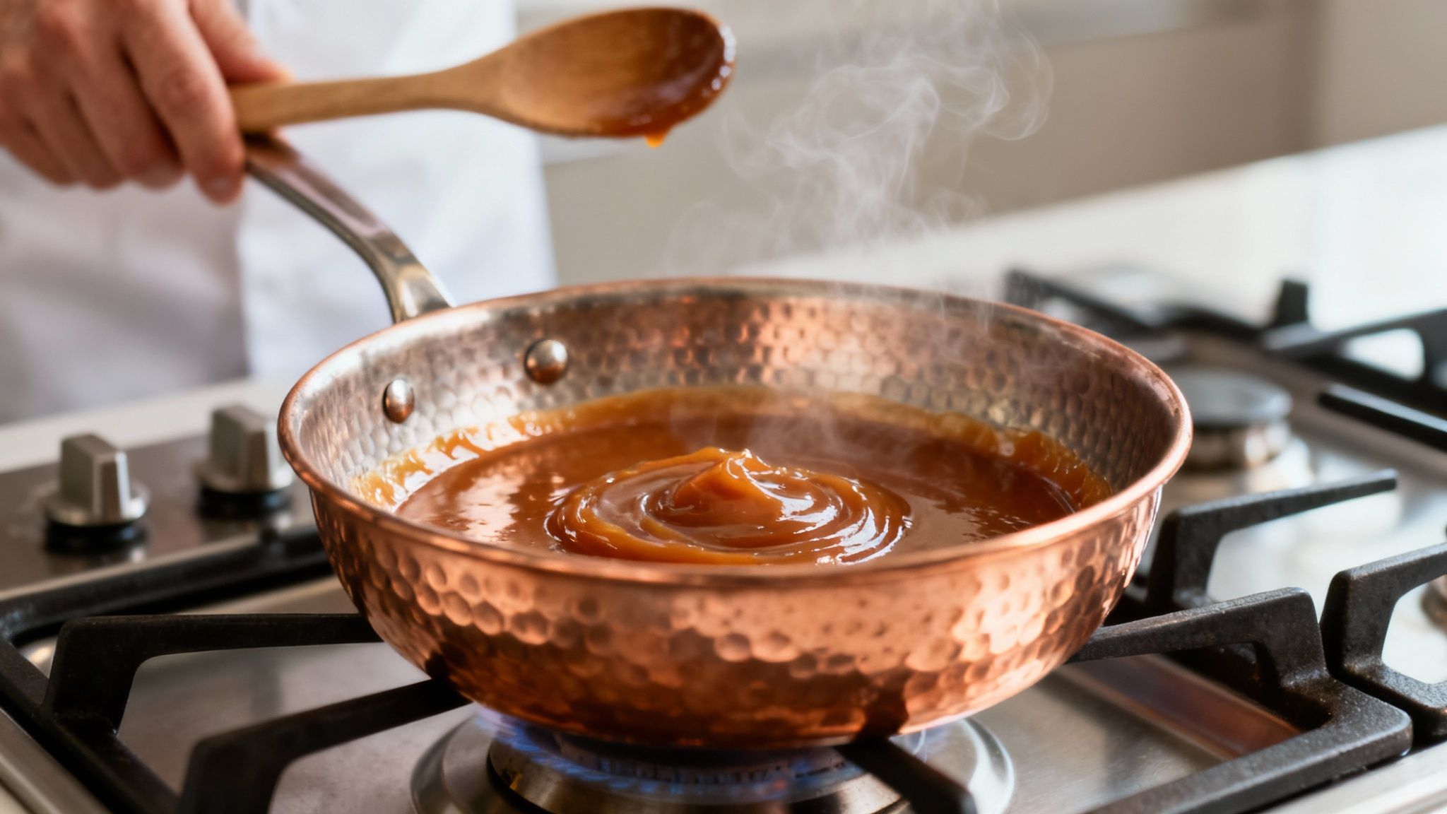 A hand stirs steaming caramel in a hammered copper pan on a gas stove.