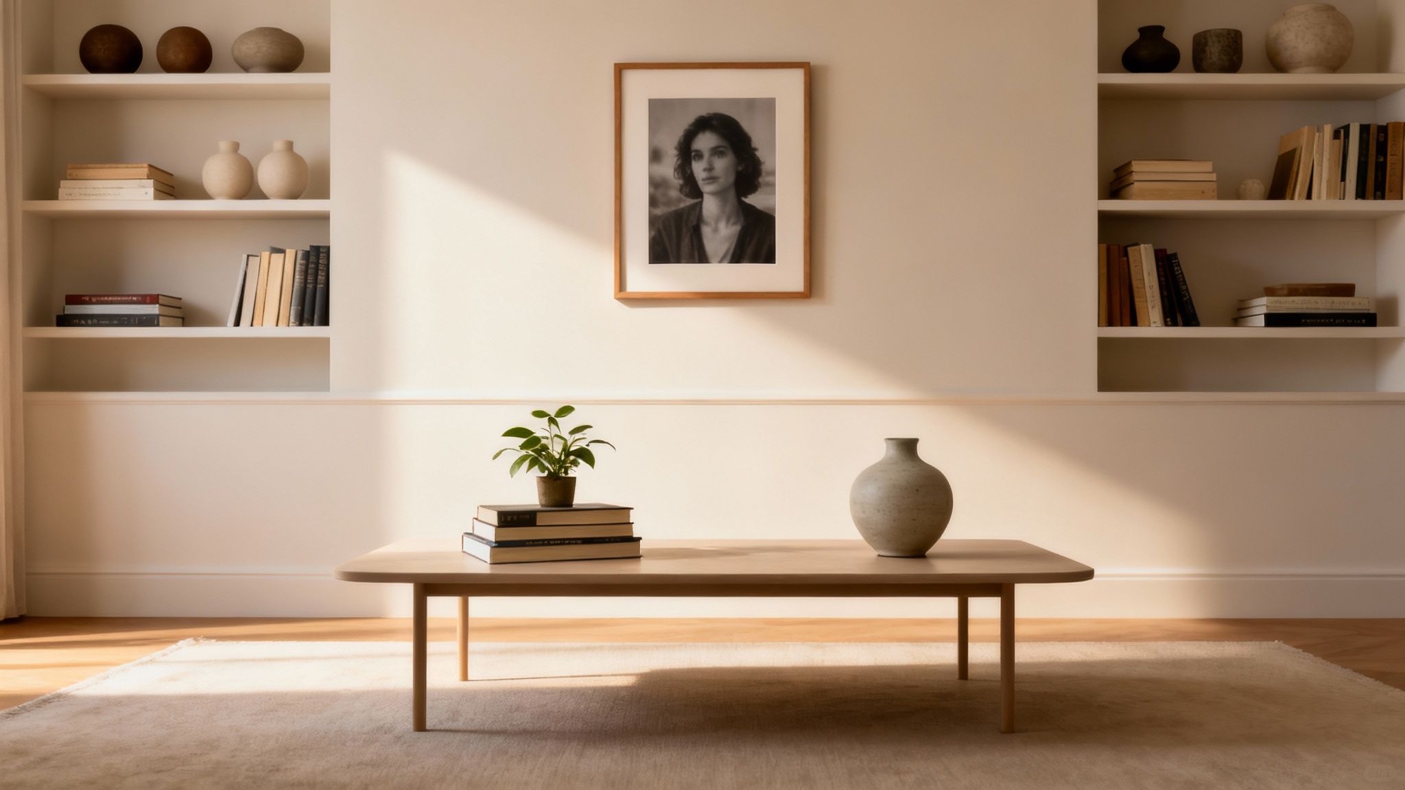 A minimalist living room featuring white built-in shelves, a framed portrait, and a wooden coffee table.