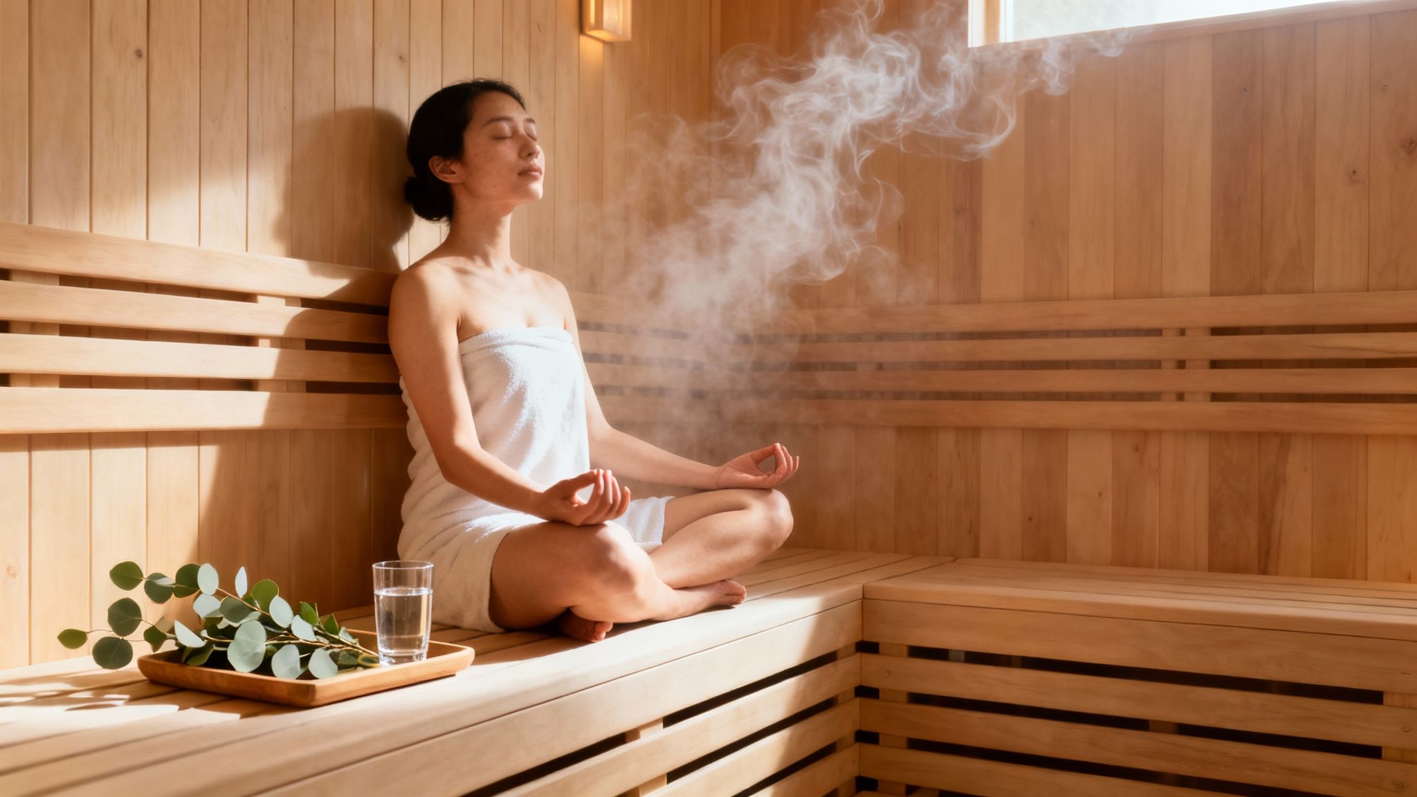 A woman meditates peacefully in a wooden sauna surrounded by steam, promoting wellness.