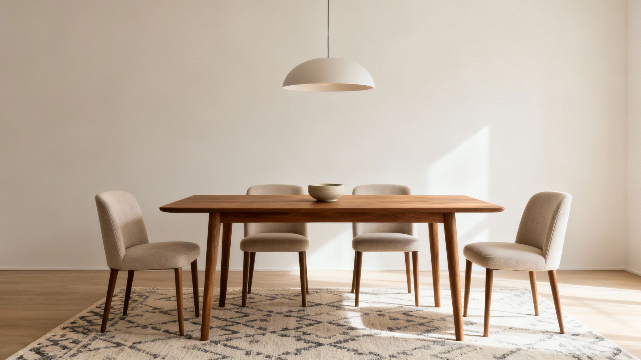 Minimalist dining room with a wooden table, upholstered chairs, pendant light, and patterned rug, bathed in sunlight.