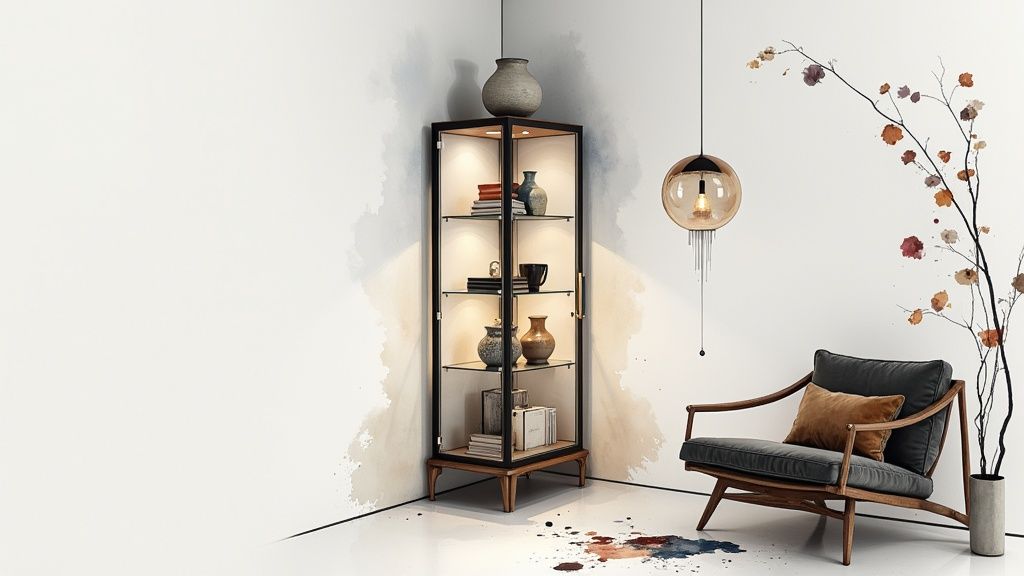 A modern corner curio with sleek lines and glass shelves, displayed in a minimalist living room.