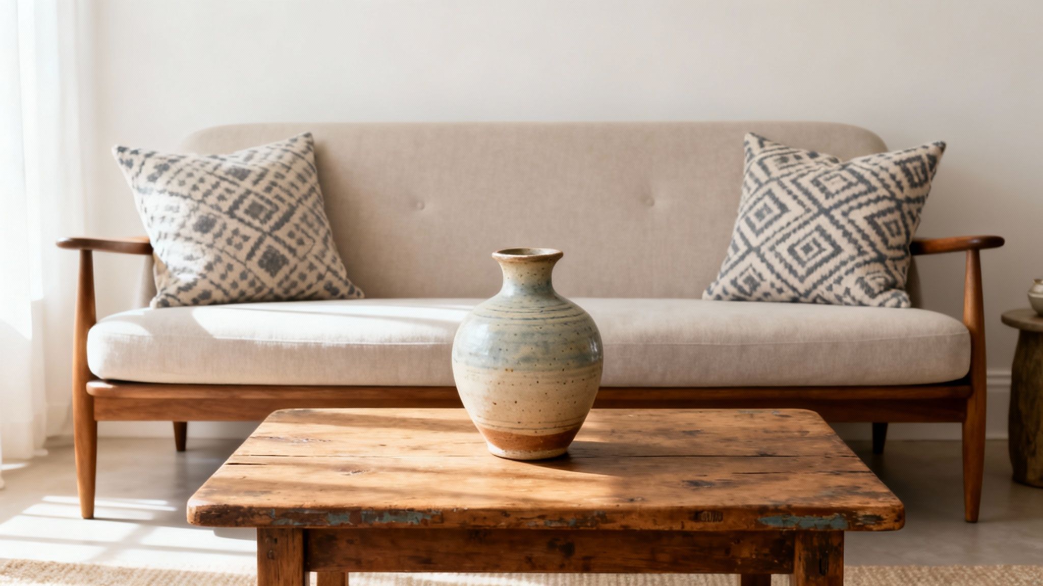 A cozy living room with a light sofa, geometric pillows, and a rustic wooden coffee table with a ceramic vase.