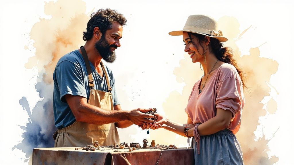 A close-up shot of an artist's hands carefully placing a gemstone into a silver pendant setting.