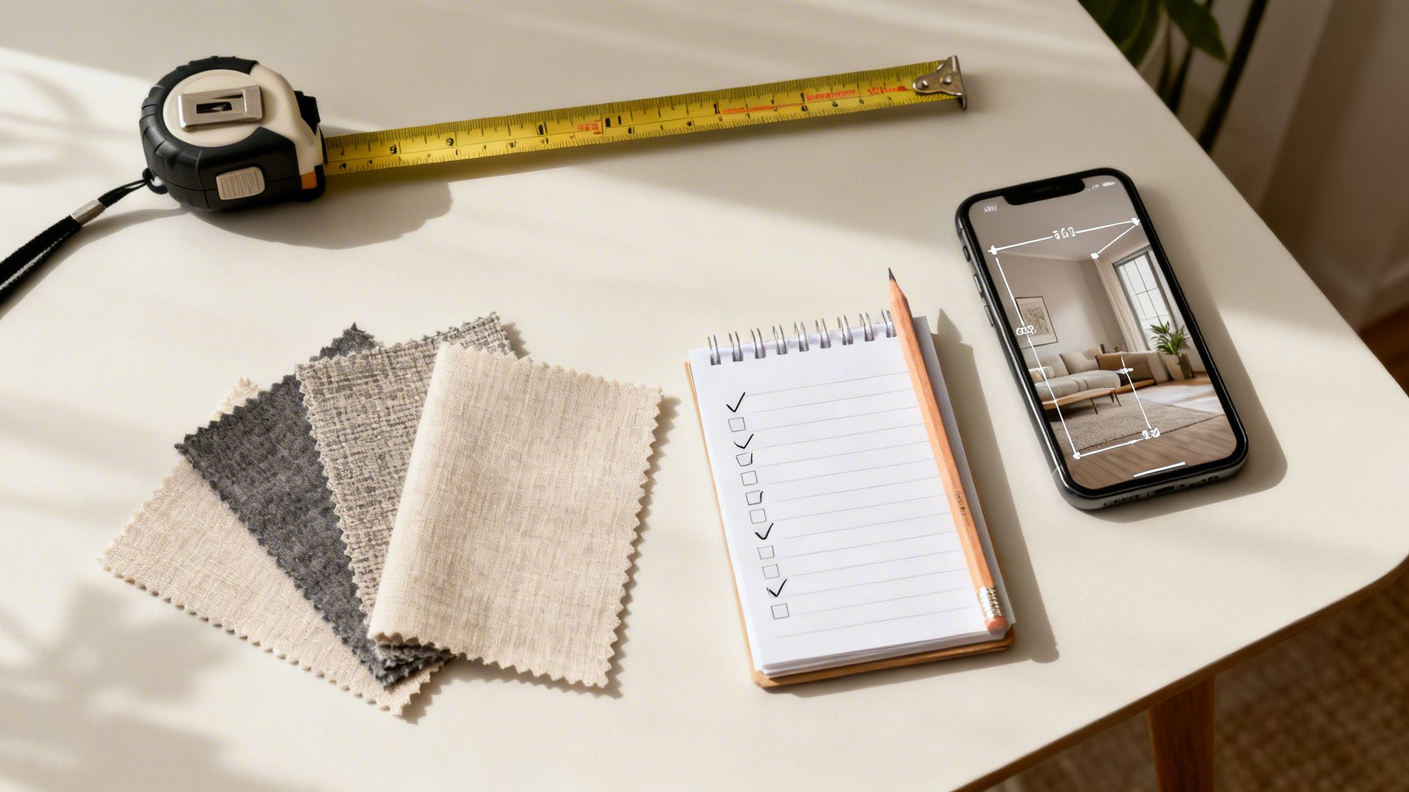 A measuring tape, fabric swatches, a checklist, and a phone with an AR measuring app on a table.