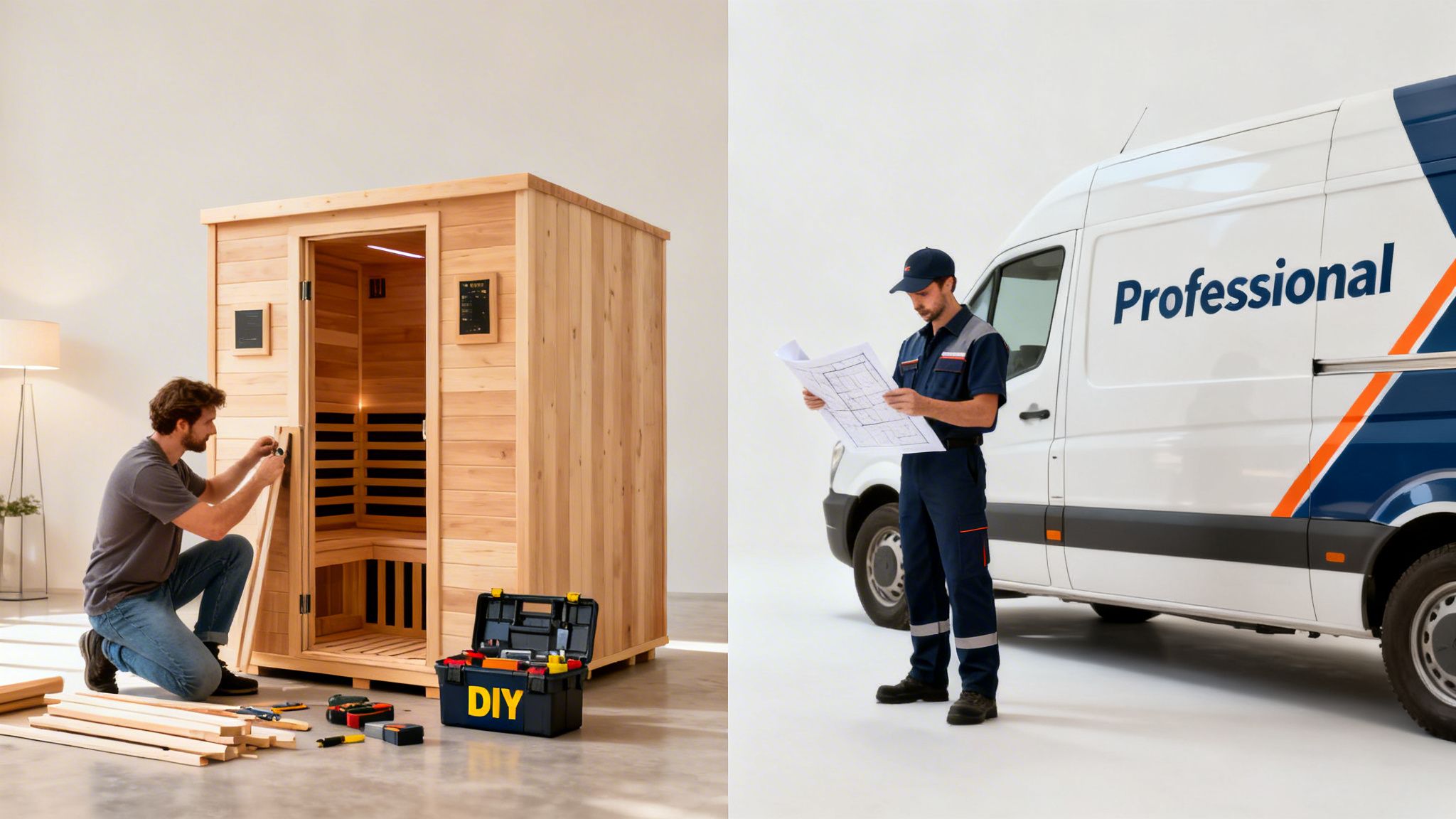 A man assembling a wooden home sauna with DIY tools, contrasting with a professional technician reviewing blueprints by a service van.