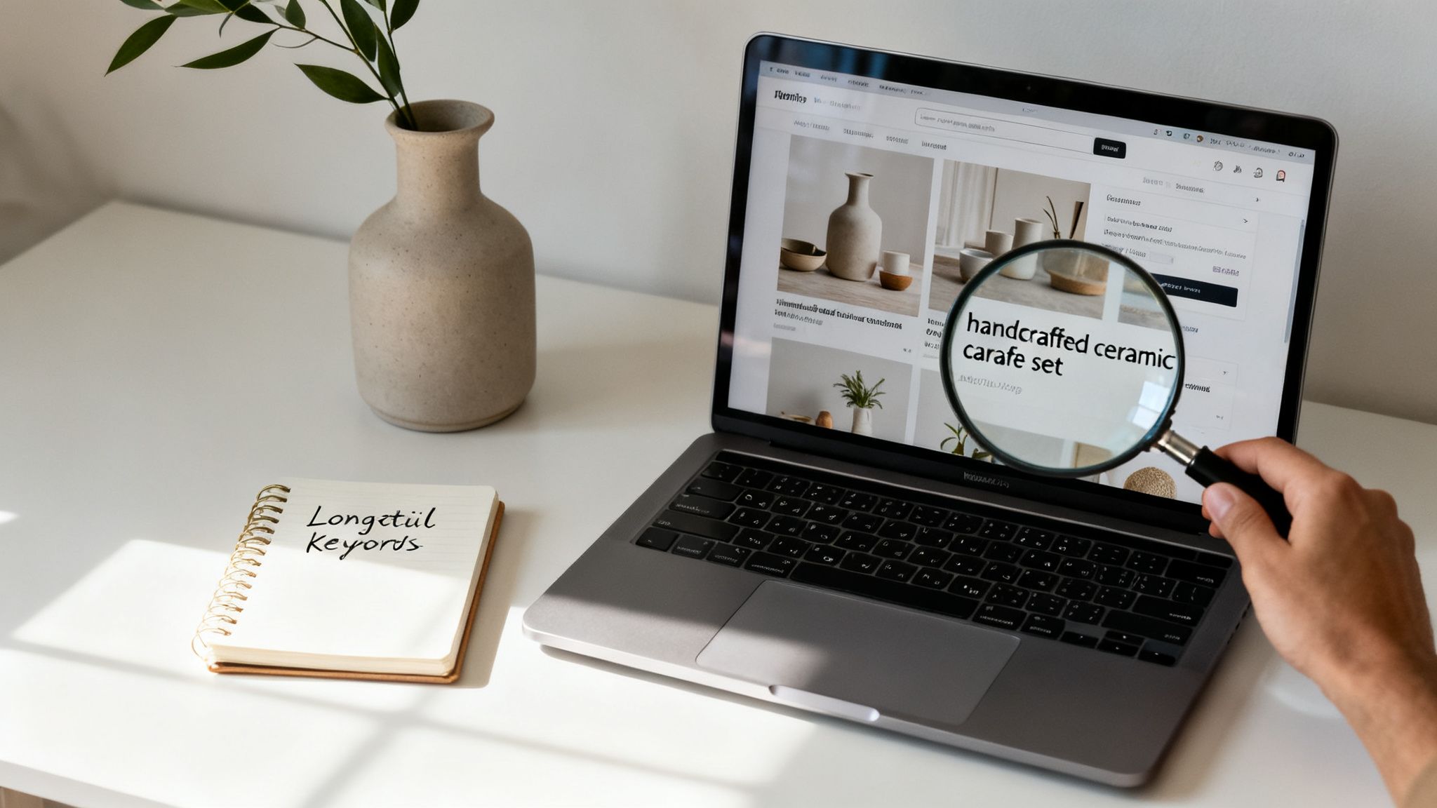 A person researches handcrafted ceramic products online using a laptop, with a notebook displaying 'Longetail Keywords'.