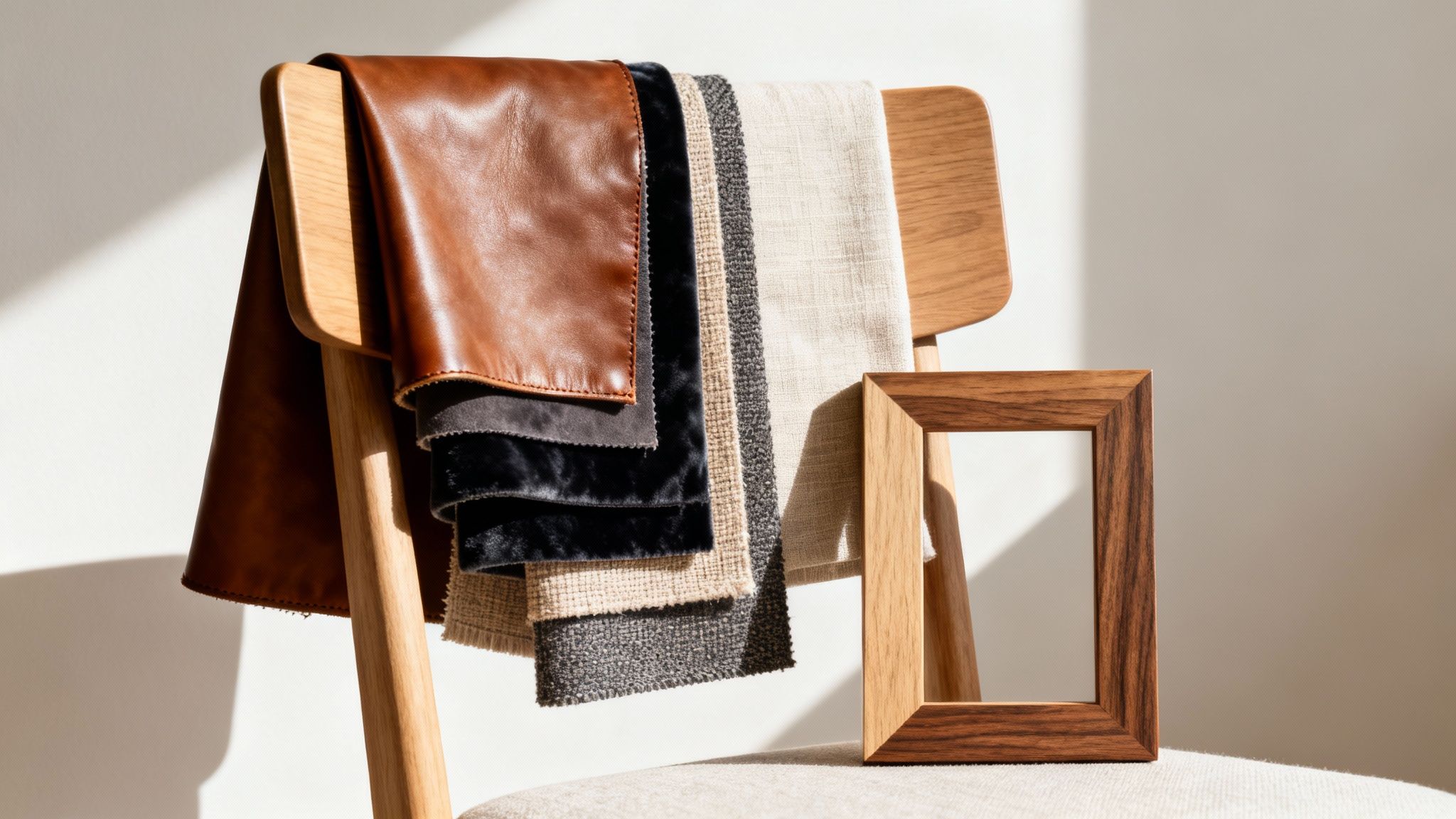 Diverse fabric swatches including brown leather, velvet, and linen draped over a modern wooden chair.