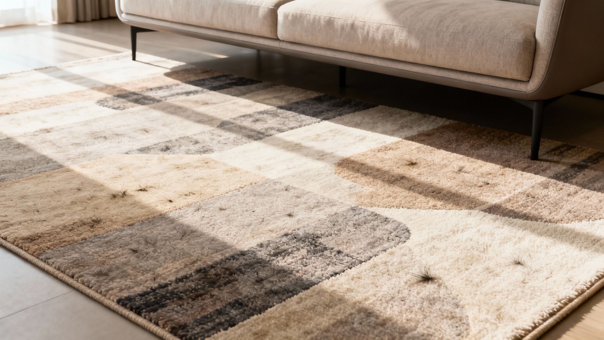 Modern patterned rug with warm neutral colors under a sofa, showing sunlight and shadows.