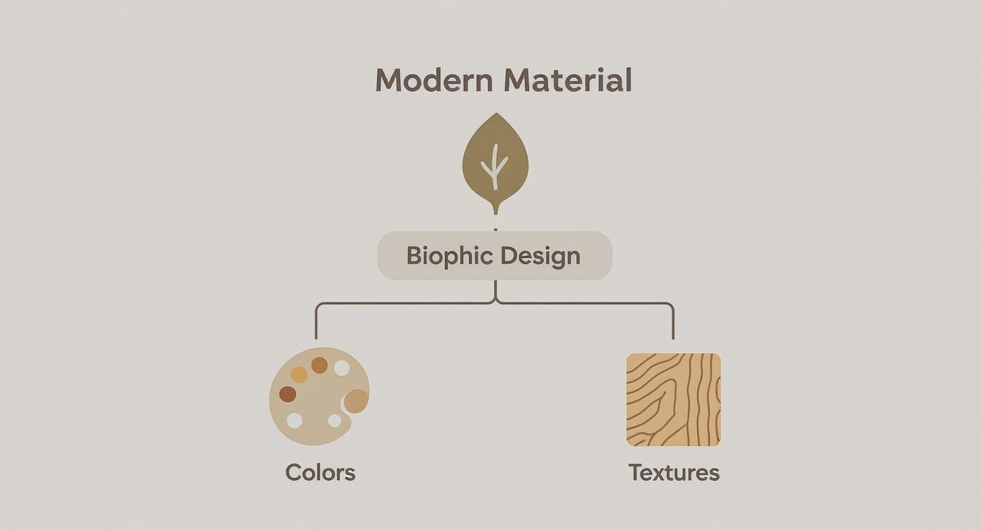 Mind map illustrating Modern Material and Biophic Design concepts, including natural colors and textures.