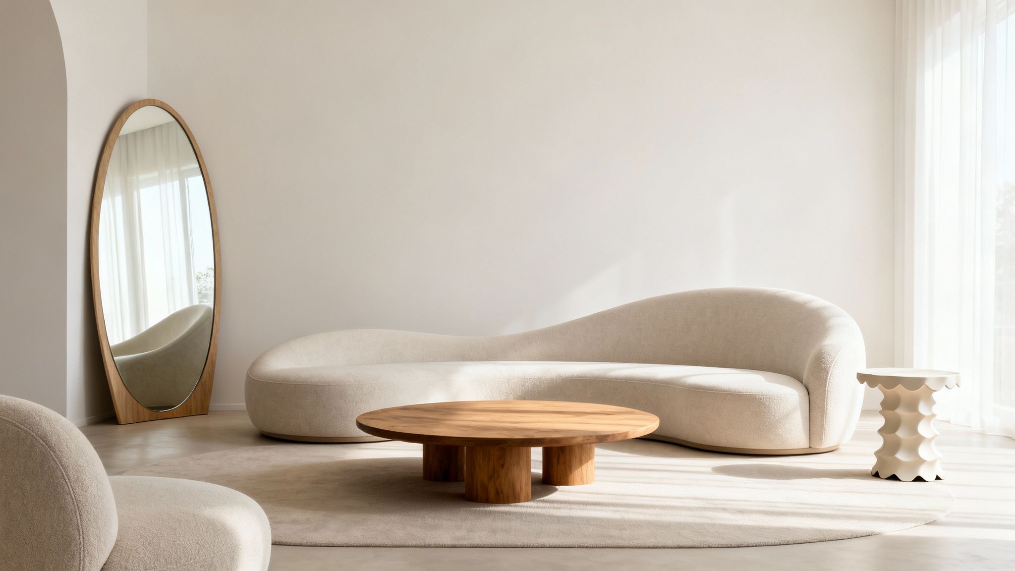 A bright, minimalist living room featuring modern organic furniture and a large oval mirror.