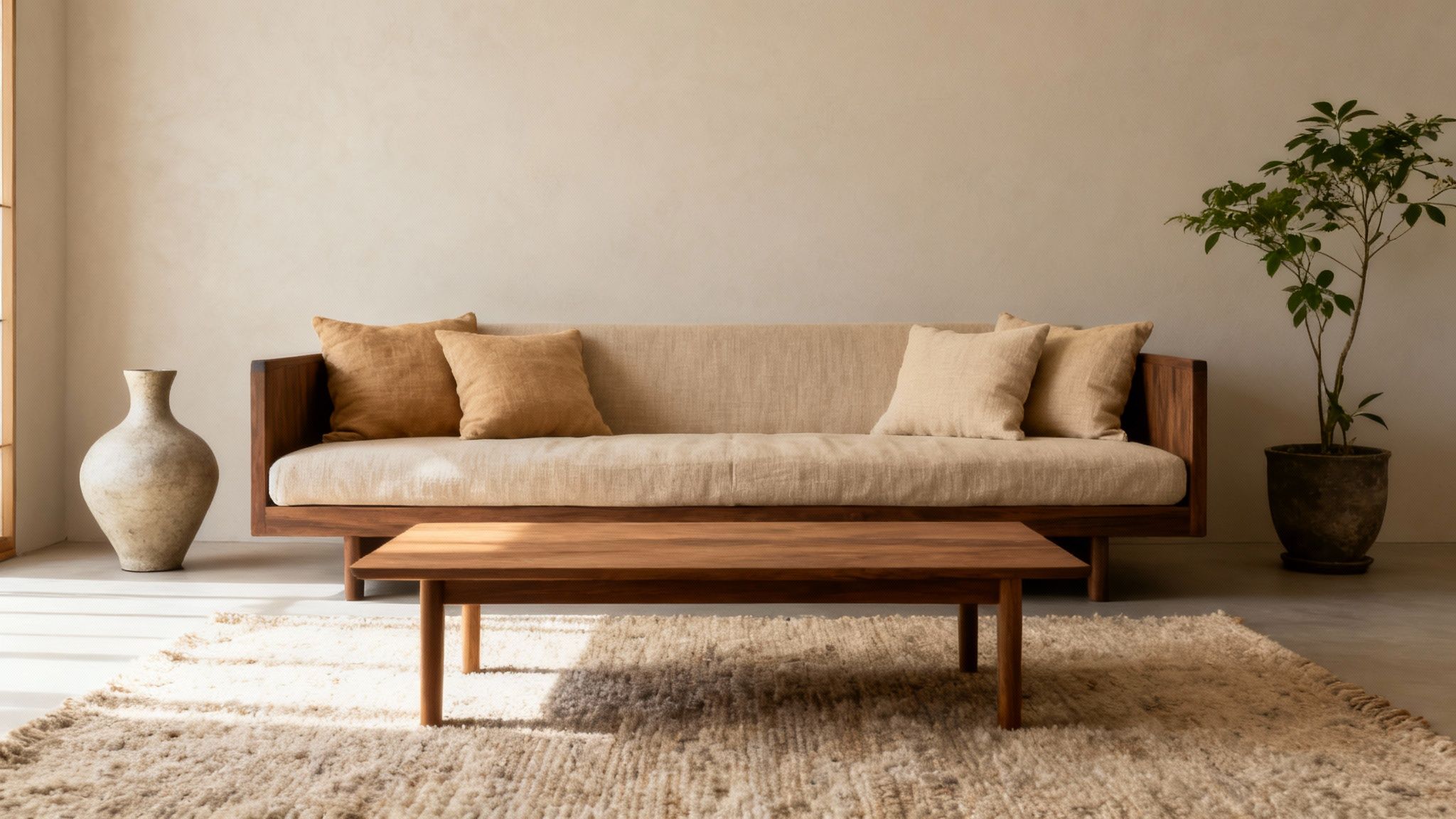 A serene minimalist living room featuring a neutral sofa, wooden coffee table, and natural decor.
