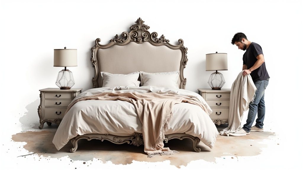 A modern bedroom featuring an ornate Victorian bed, balanced with minimalist accessories and a neutral color palette.