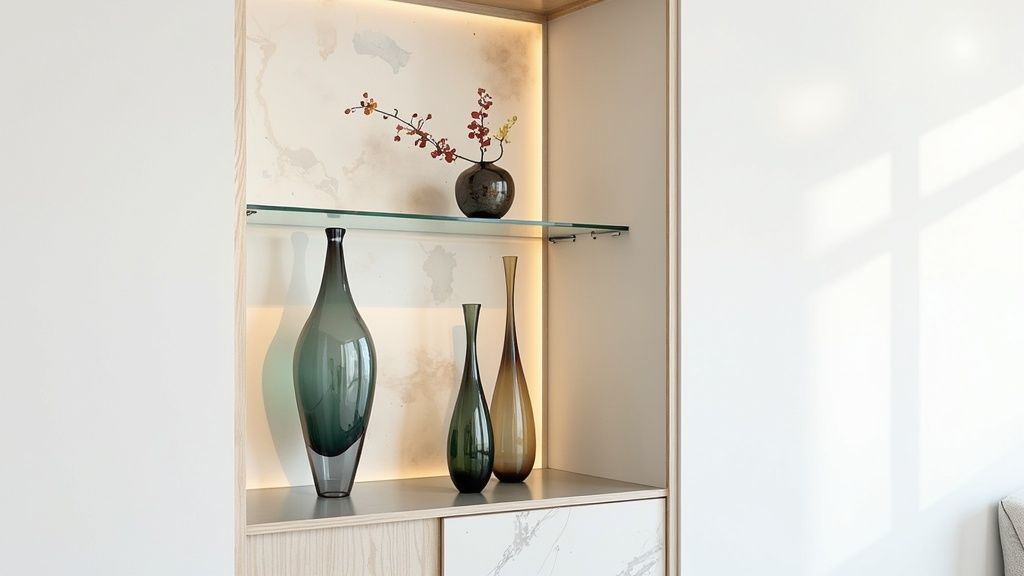 A beautifully styled modern corner curio cabinet showcasing curated collectibles with accent lighting.