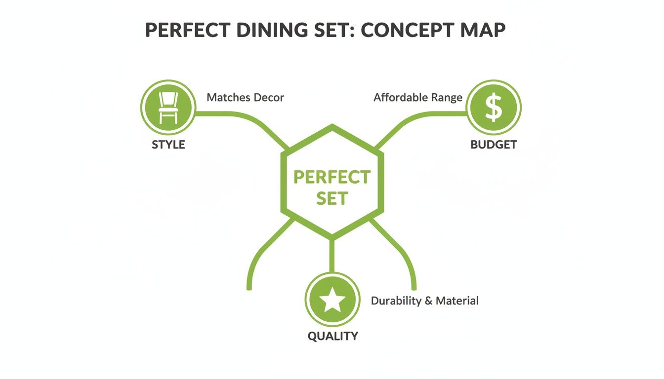 Concept map illustrating key factors for choosing a perfect dining set: style, budget, and quality.