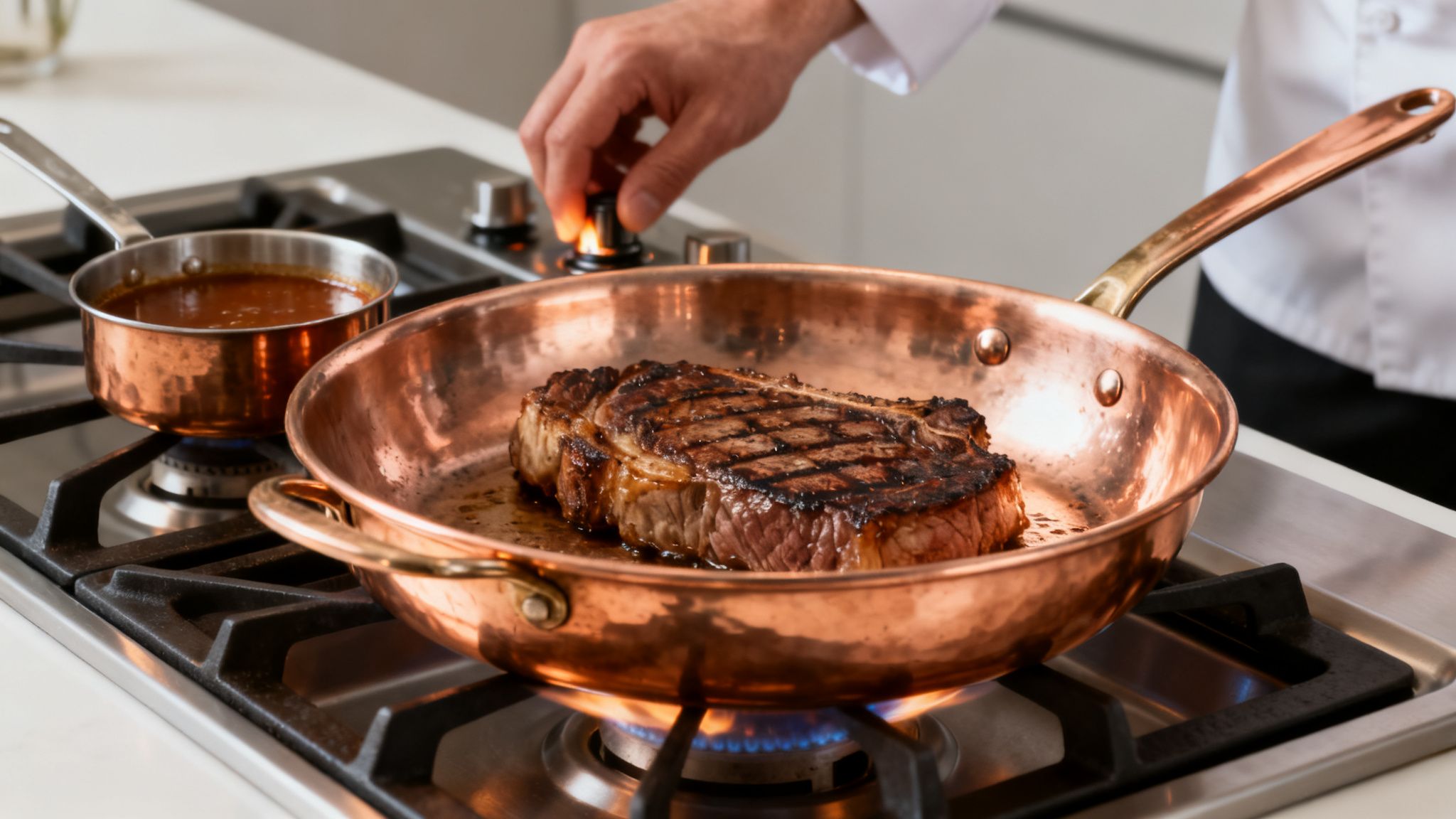 A chef's hand adjusting a gas stove burner while cooking a seared steak in a copper pan.