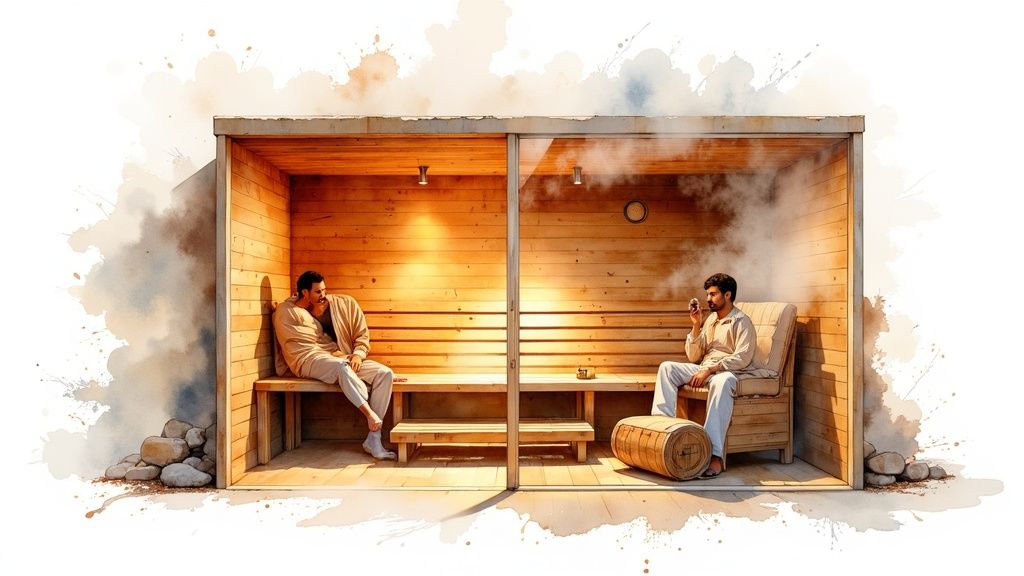 Person pouring water over hot rocks in a traditional sauna