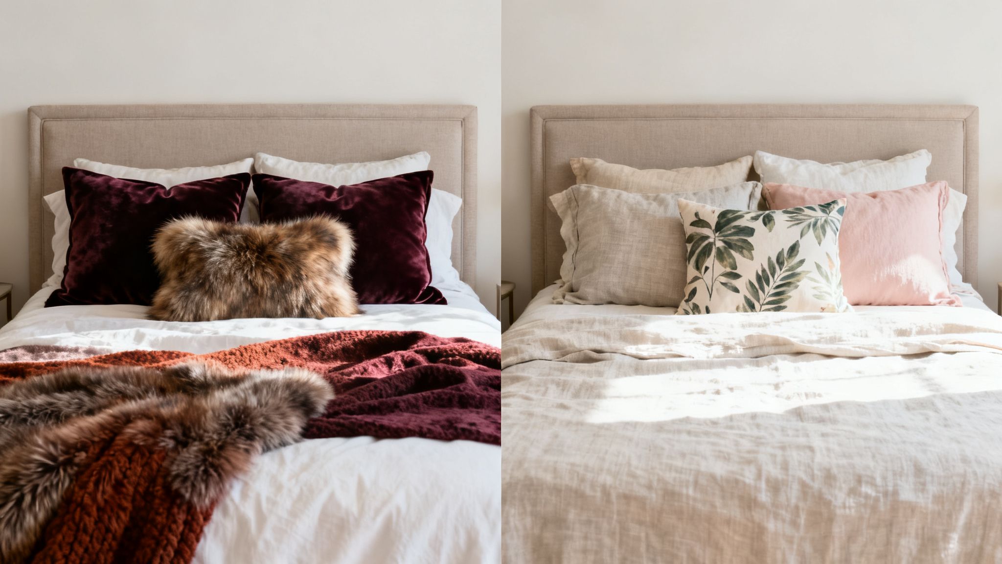 Two different beds styled with various decorative pillows and throws, offering distinct bedding arrangements.
