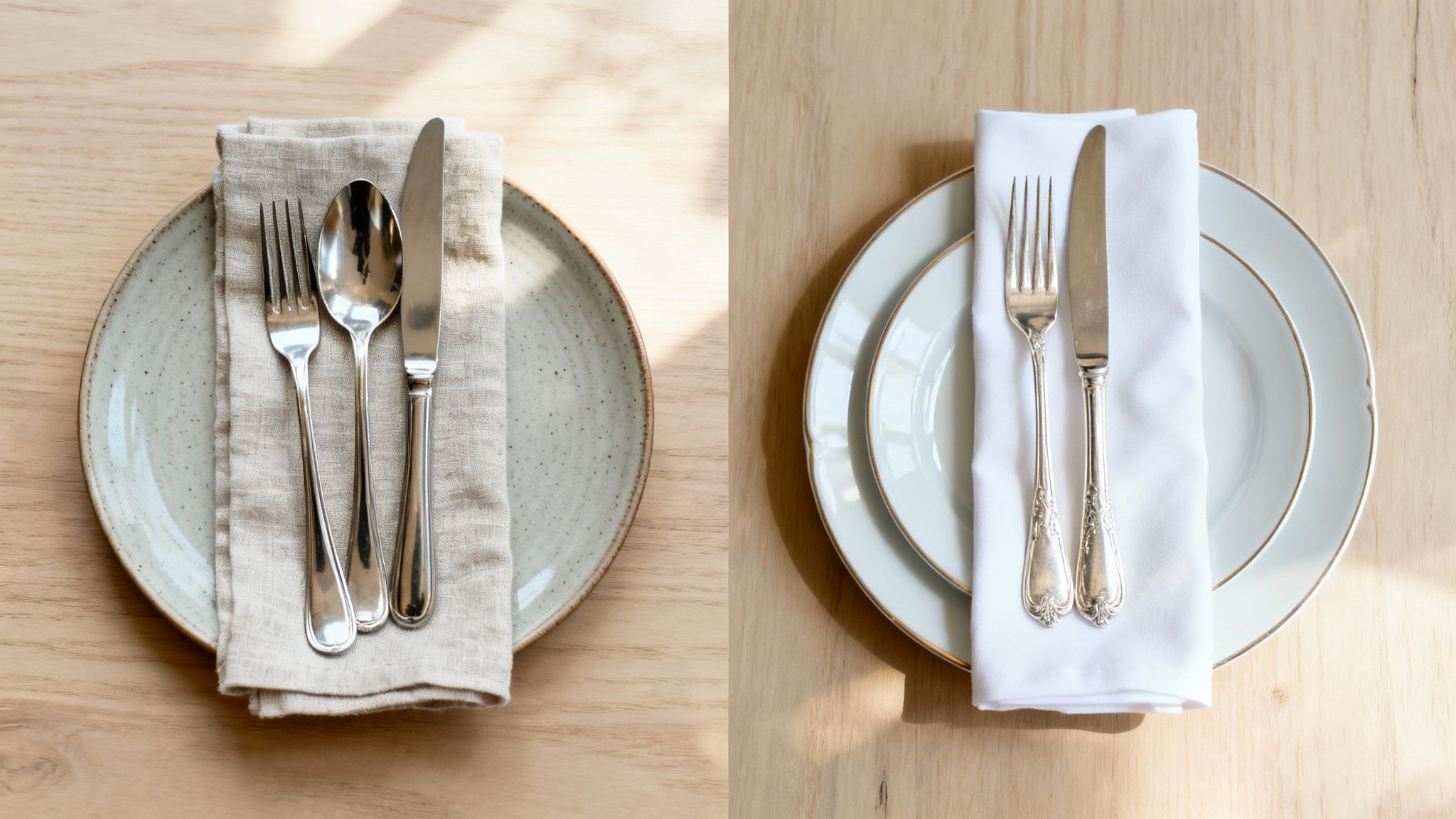 Side-by-side comparison of modern flatware and traditional silverware place settings on a wooden table.