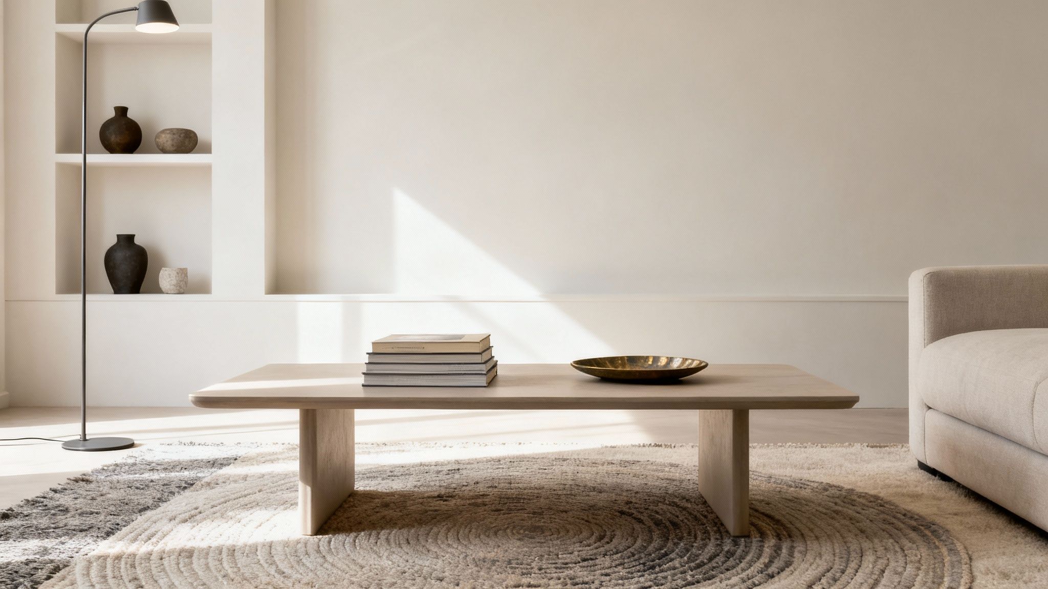 A serene, modern living room featuring a light wooden coffee table, books, floor lamp, and textured rug.