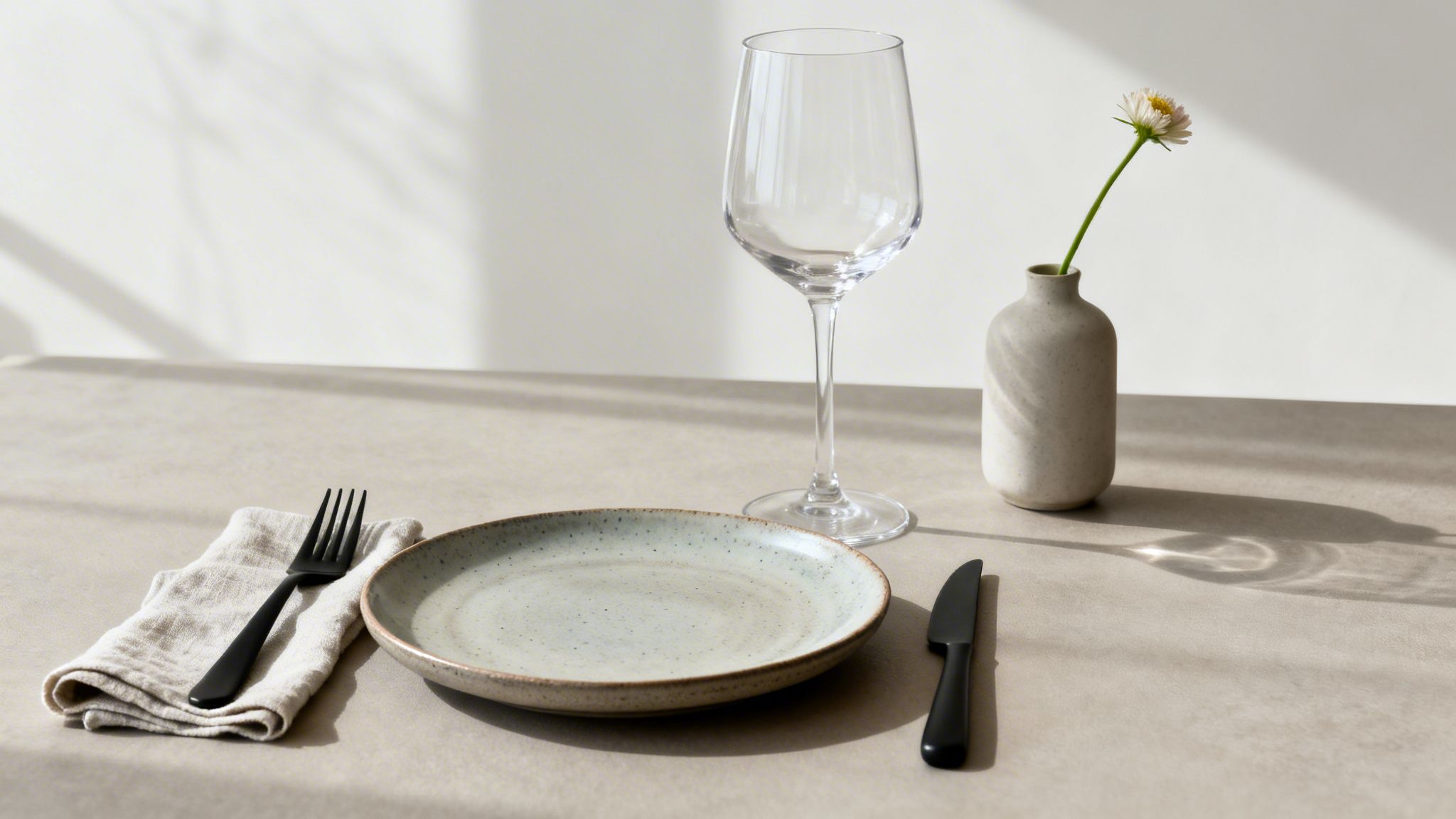 A minimalist modern table setting featuring a ceramic plate, black cutlery, wine glass, and a daisy in a vase.