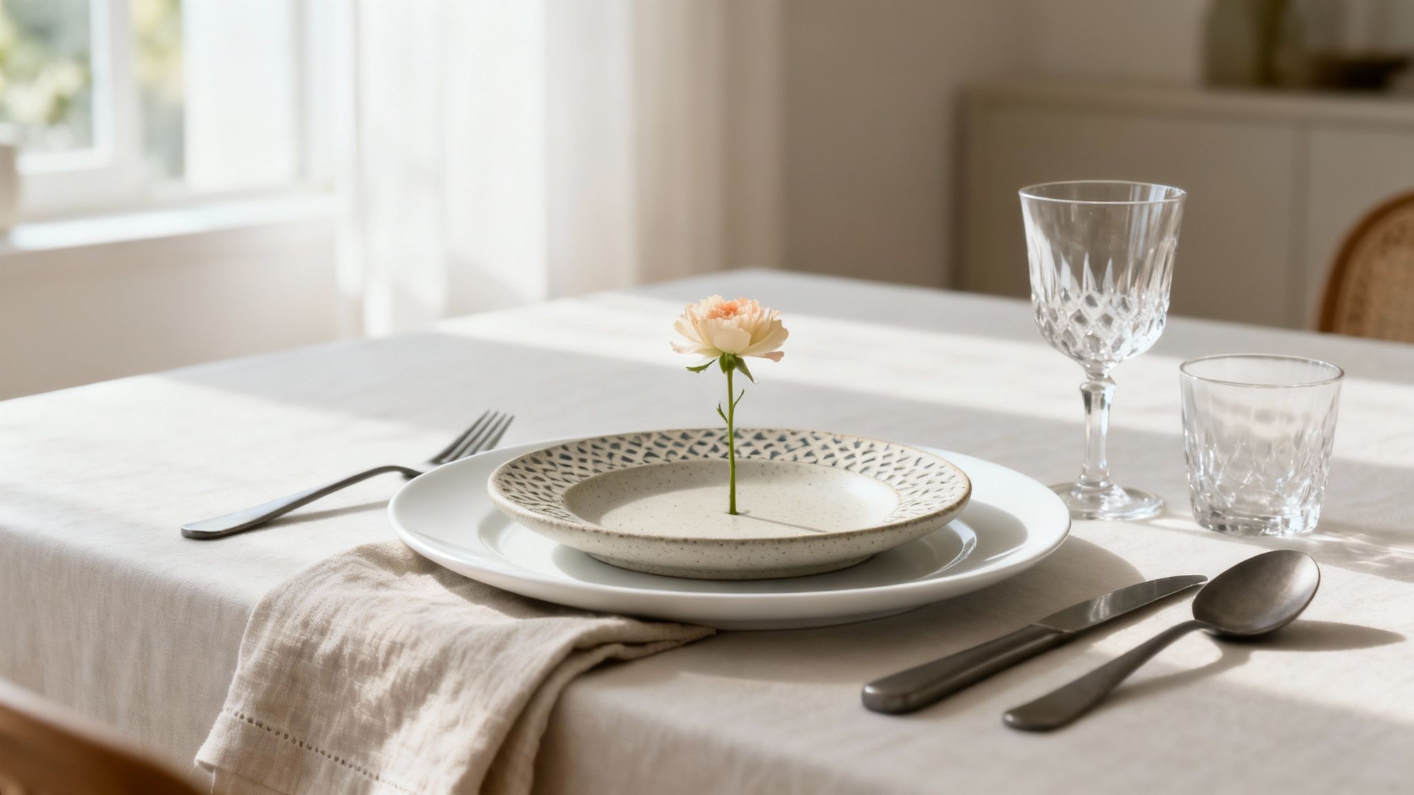 An elegant table setting with layered plates, cutlery, glasses, and a delicate single flower.