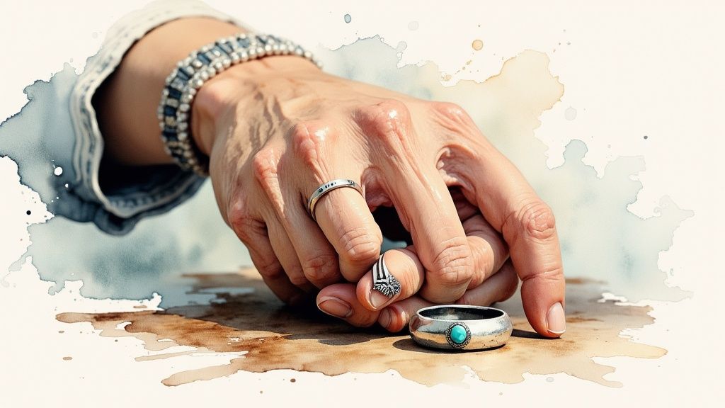 A close-up of handmade artisan rings and necklaces displayed on a wooden surface.
