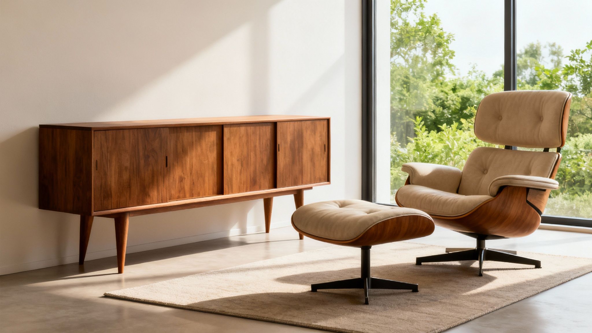 Midβcentury modern living room with a warm wood credenza, iconic lounge chair, and soft natural light highlighting clean lines and organic shapes.