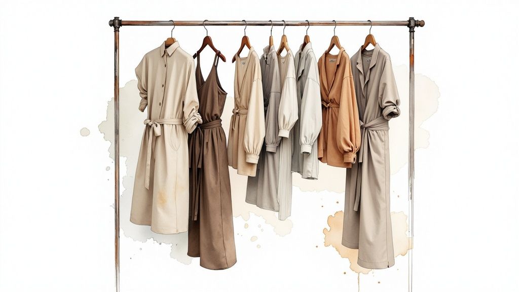 Woman thoughtfully organizing her sustainable wardrobe