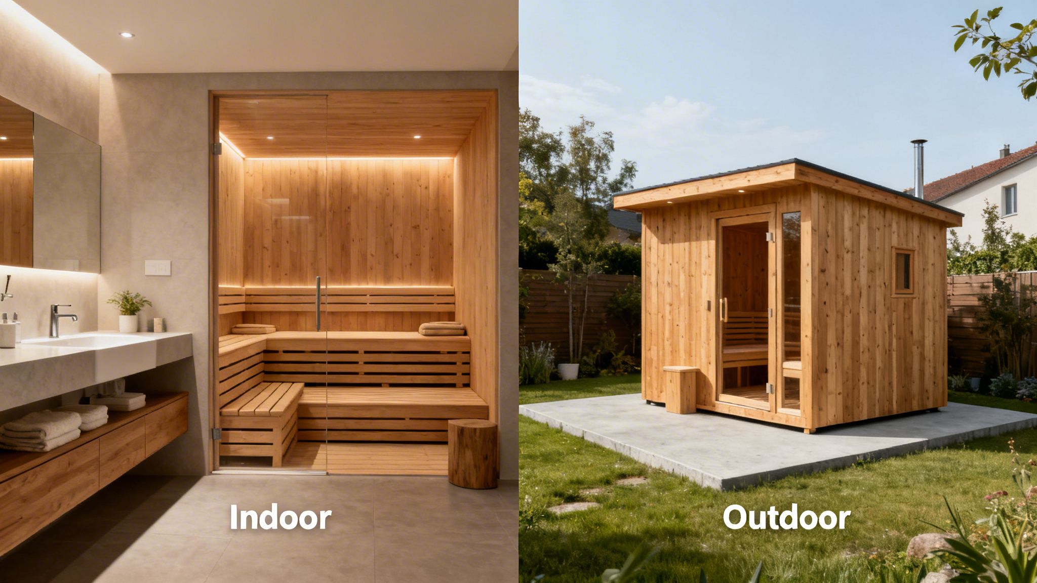 Side-by-side image showcasing an indoor sauna integrated into a modern bathroom and an outdoor backyard sauna.