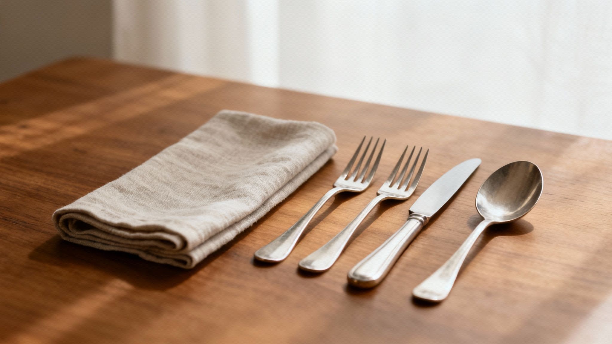 A folded beige linen napkin sits beside a set of silver flatware on a warm wooden table.
