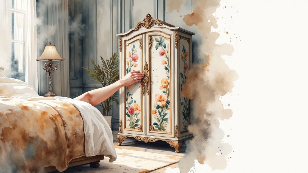 A beautifully hand painted jewelry armoire with delicate floral designs in a well-lit room.