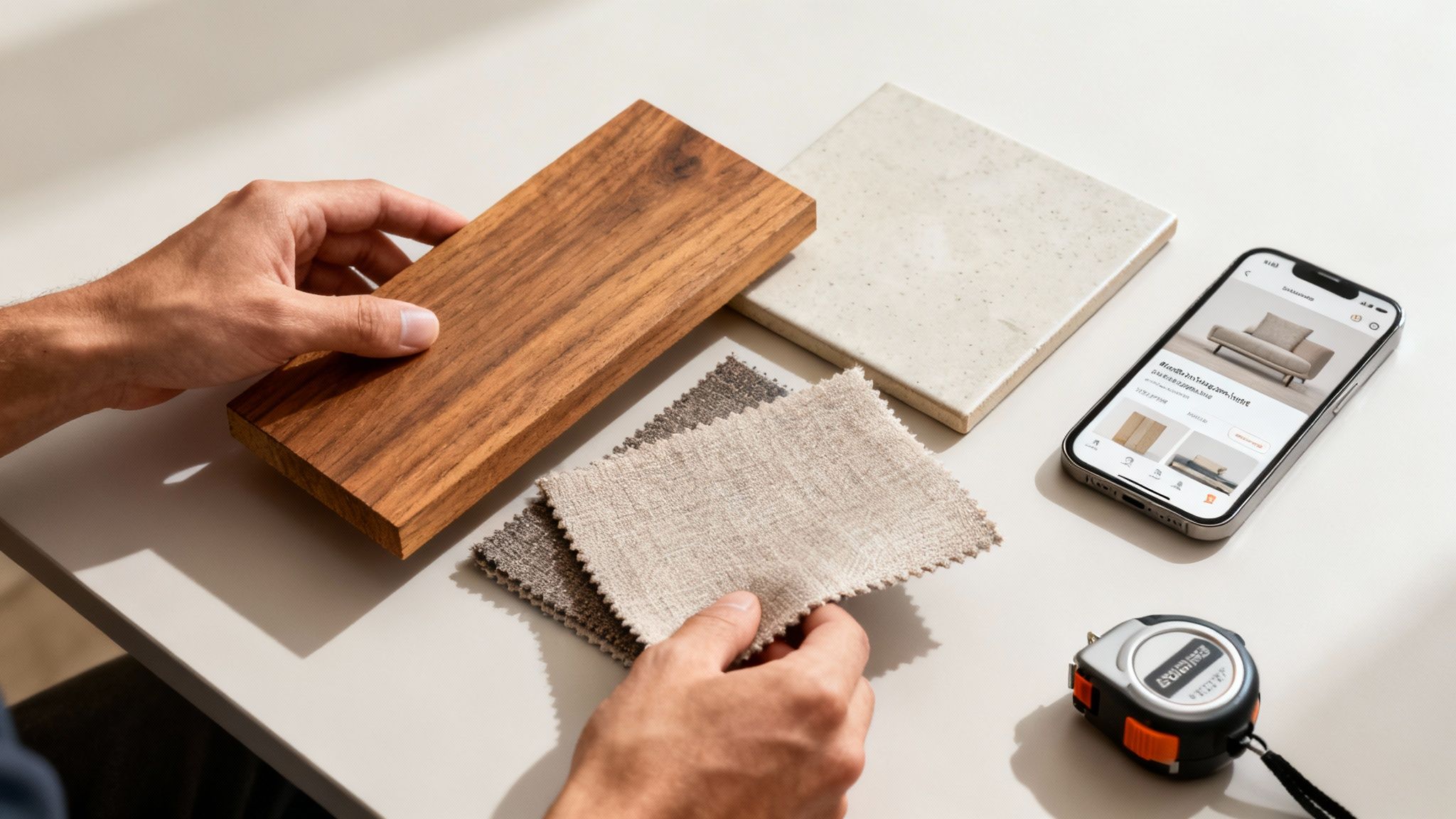 A person's hands holding wood and fabric samples, planning home decor with a phone and tape measure.