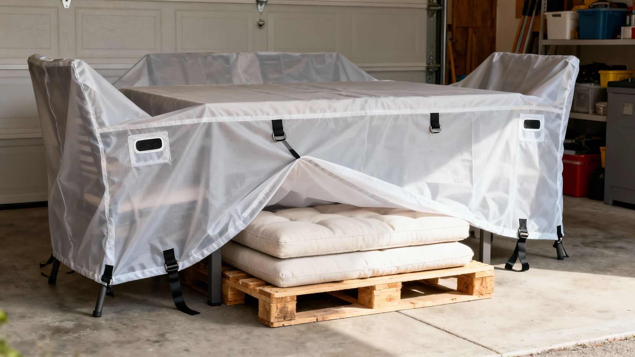 White covered patio furniture and stacked cushions stored on wooden pallets in a garage.