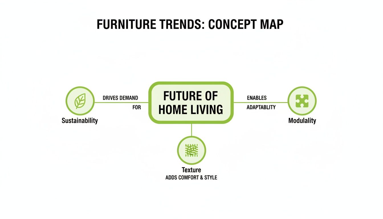 Furniture trends concept map illustrating sustainability, modularity, and texture influencing future home living.