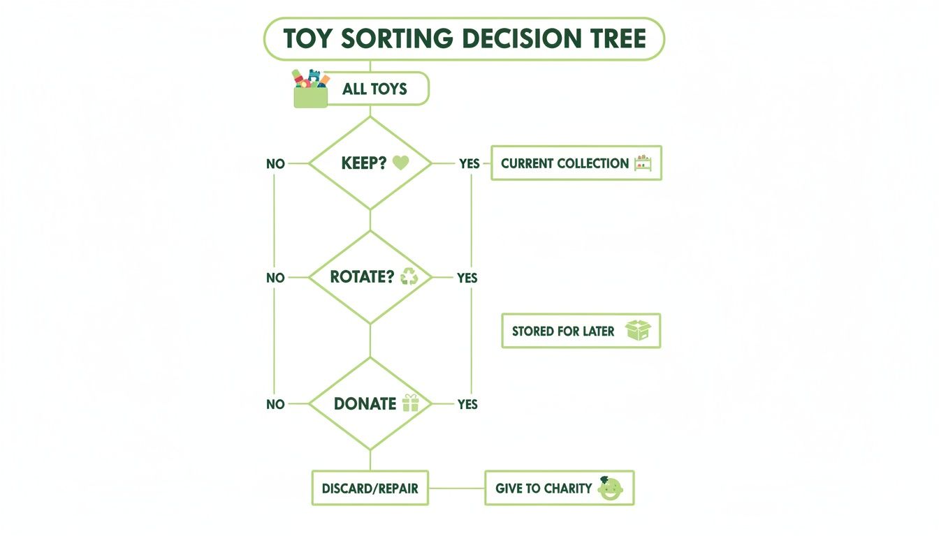 Flowchart illustrating a toy sorting decision tree with options to keep, rotate, donate, discard, or repair.