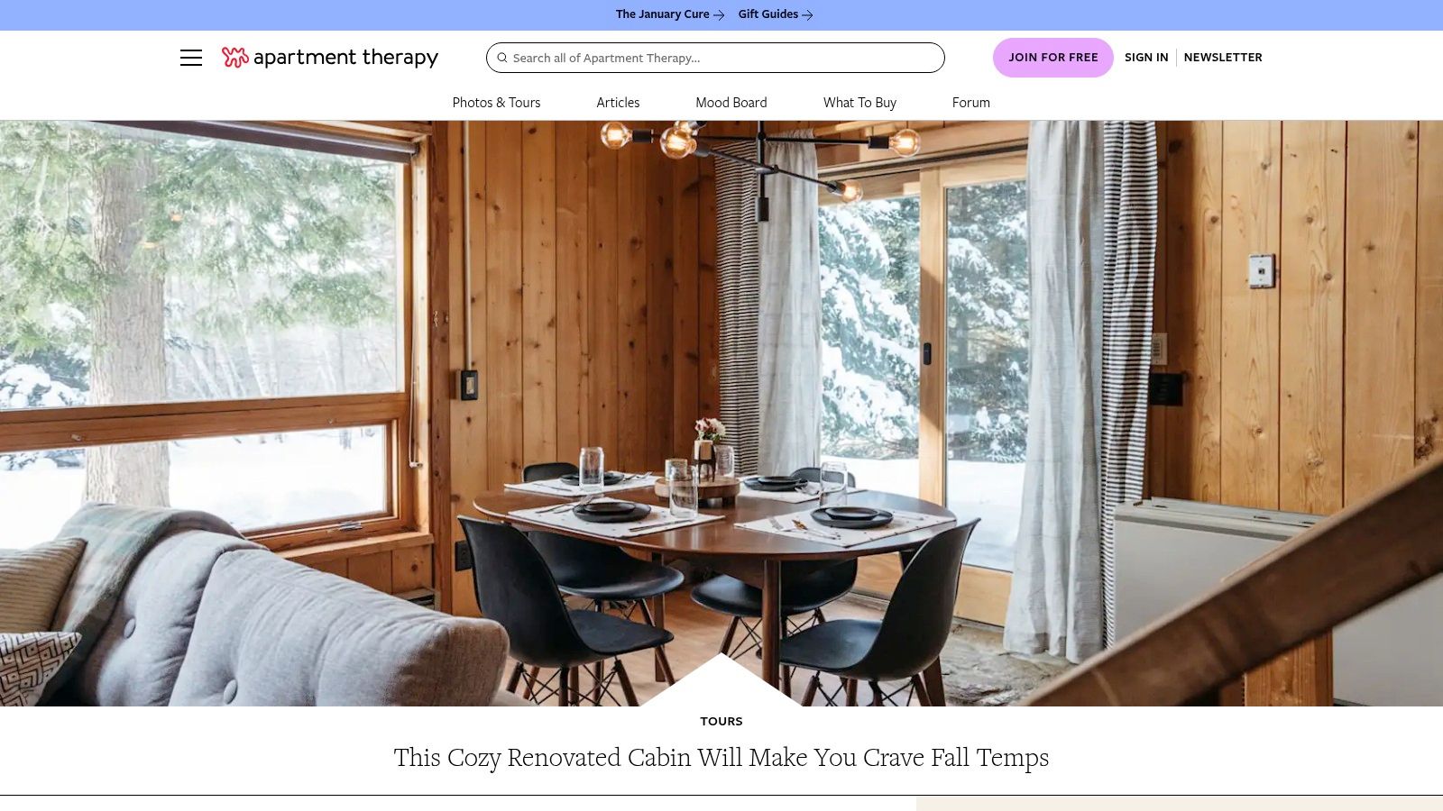 Apartment Therapy website showcasing a rustic and inviting interior space.