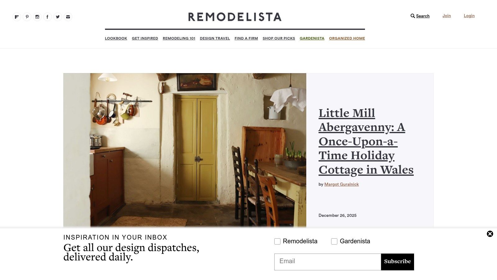 Remodelista website showcasing a cottage-style interior with natural wood and a calm aesthetic.